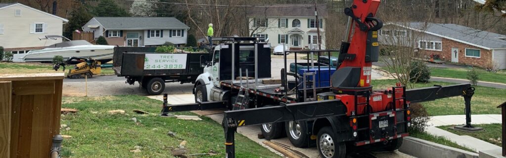 A remote-control tree removal crane lifting part of a tree.