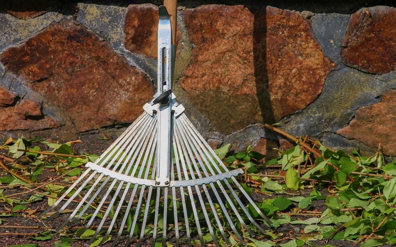 Rake leaning against a stone wall.