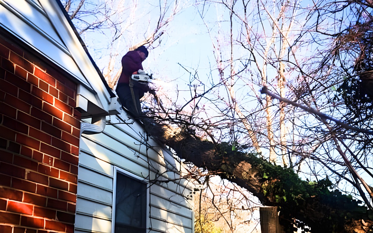 A Green Vista Tree Care arborist using a chainsaw to cut a fallen tree that has landed on the roof of a Springfield home.