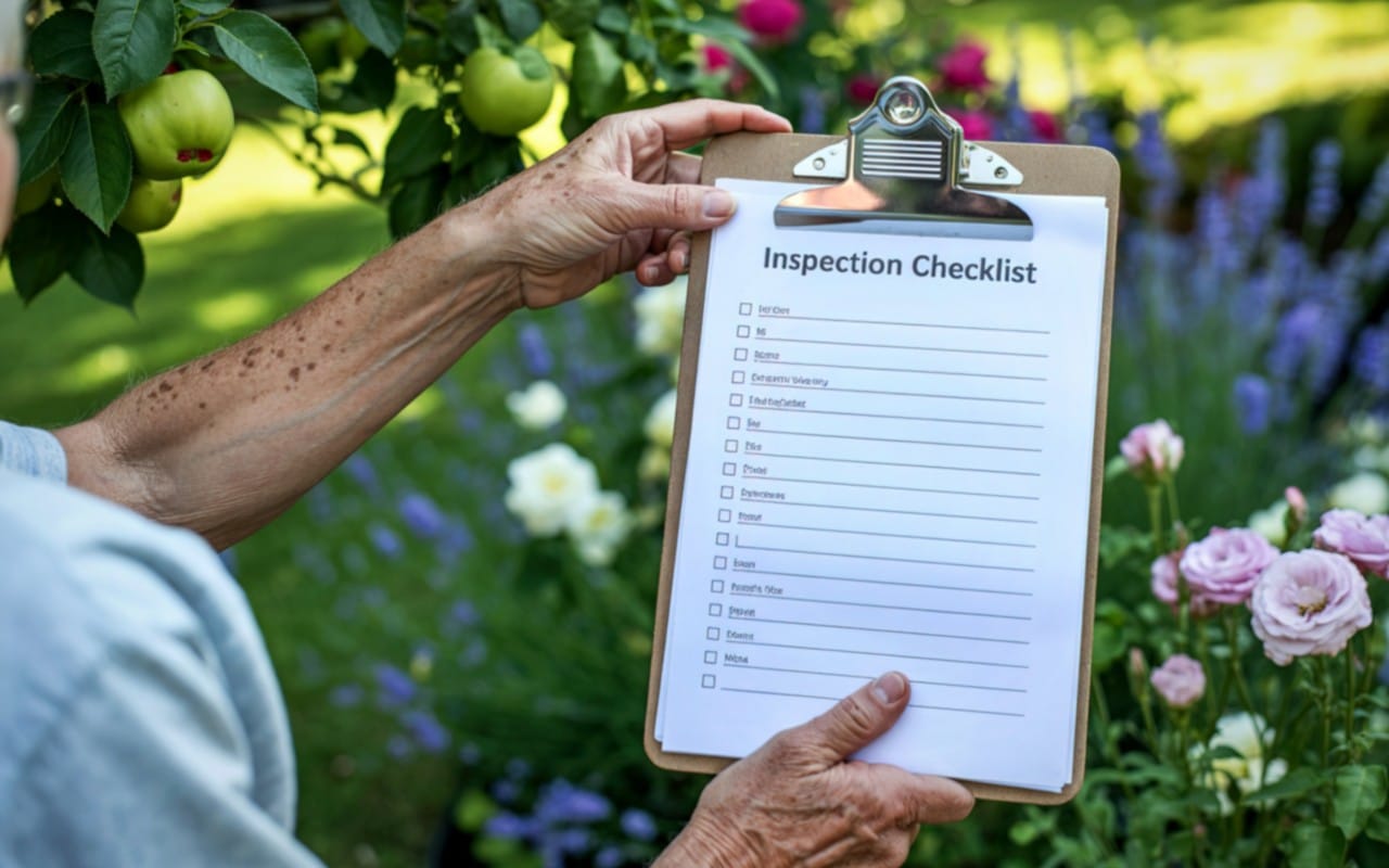 Person holding a clipboard with an inspection checklist while standing in a garden, evaluating trees and plants.