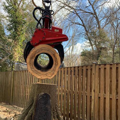 Green Vista Tree Care crane with a grappler claw on a tree removal of a hollowed trunk.