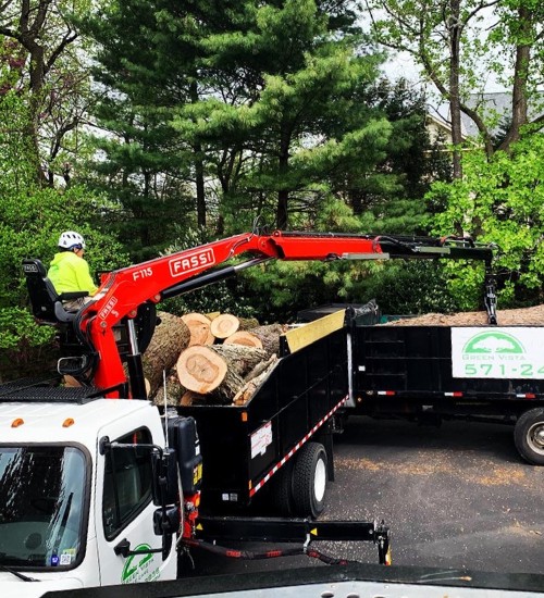 Website-tree-service-section-guy-truck-grappleclaw Ground crew on a grapple-claw truck loading logs on another truck after a tree removal on a property