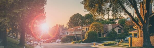 Sun shines on a residential block with lots of trees and green grass and a paved road.