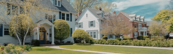 A row of single-family homes lined with mature trees on a sunny spring day in a Northern Virginia neighborhood.